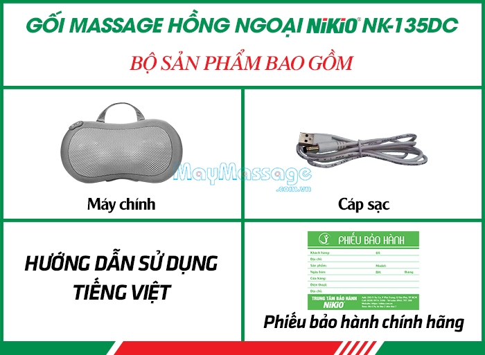 Bộ sản phẩm bao gồm gối massage hồng ngoại Nikio NK-135DC
