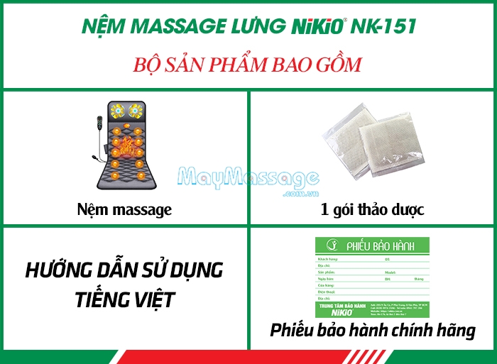 Bộ sản phẩm nệm massage toàn thân hồng ngoại trị đau lưng cổ vai gáy Nikio NK-151