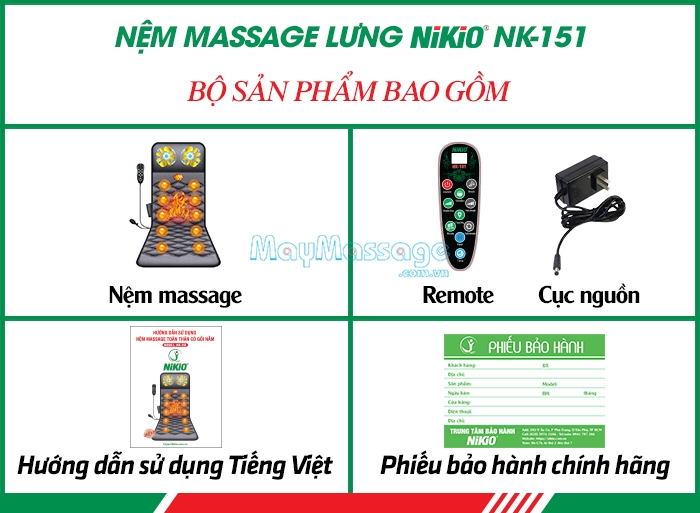 Bộ sản phẩm nệm massage to&agrave;n th&acirc;n hồng ngoại trị đau lưng cổ vai g&aacute;y Nikio NK-151