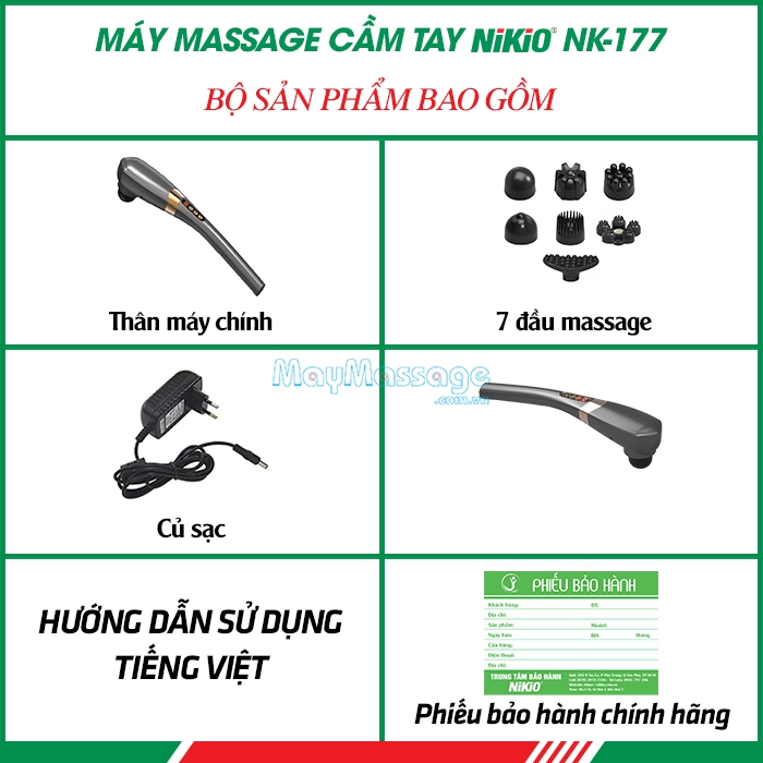 Bộ sản phẩm máy massage cầm tay pin sạc thư giãn toàn thân Nikio NK-177 