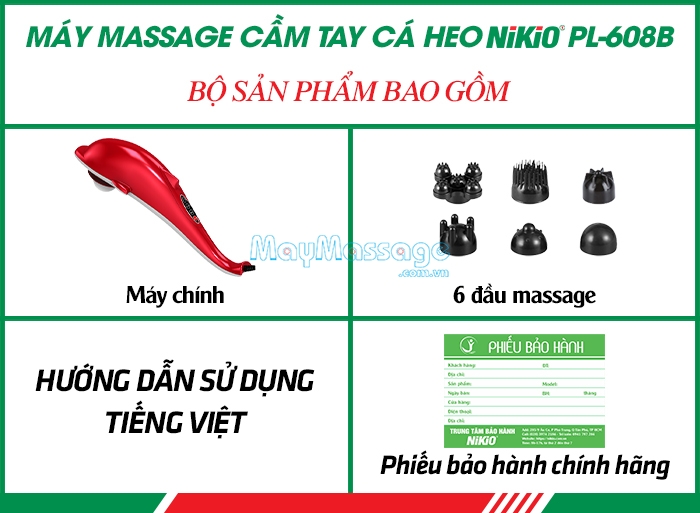 Bộ sản phẩm của máy massage cầm tay cá heo Nikio PL-608B