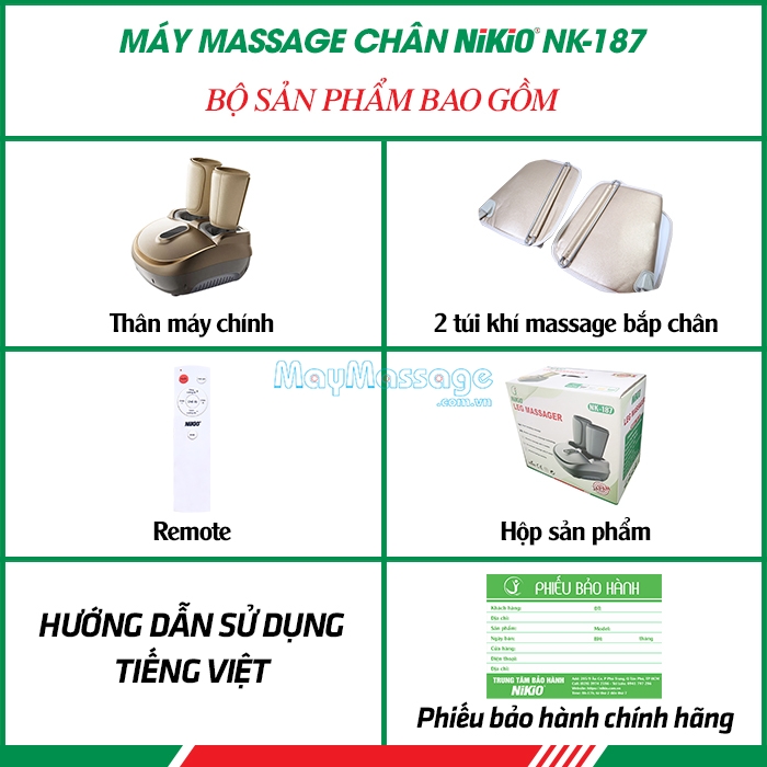 Bộ sản phẩm máy massage chân và bắp chân áp suất khí Nikio NK-187