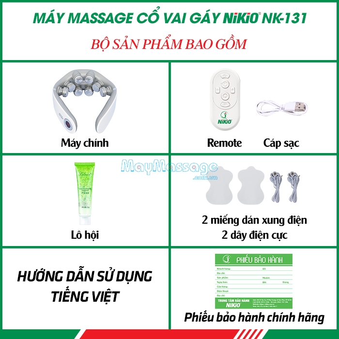 Bộ sản phẩm bao gồm của máy massage cổ vai gáy Nikio NK-131
