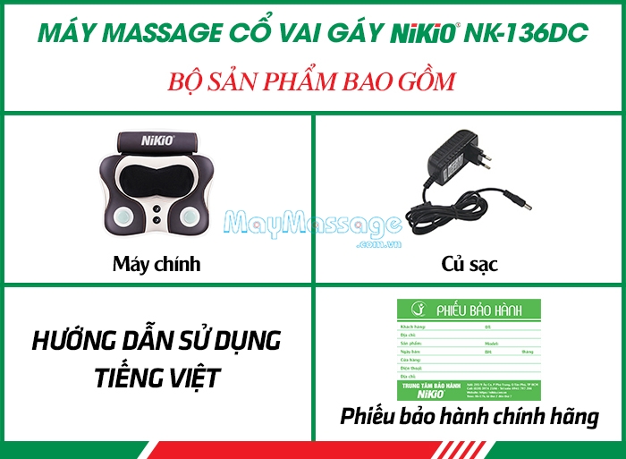 Bộ sản phẩm máy (gối) massage đấm bóp trị đau lưng cổ vai gáy pin sạc Nikio NK-136DC