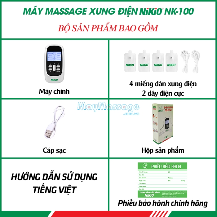 Bộ sản phẩm máy massage xung điện 8 chế độ massage pin sạc Nikio NK-100