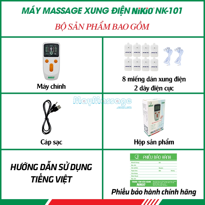 Bộ sản phẩm máy massage xung điện 8 miếng dán Nikio NK-101