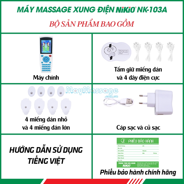 Bộ sản phẩm của máy massage xung điện Nikio NK-103A