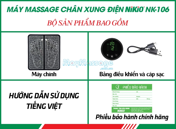 Bộ sản phẩm của máy massage chân xung điện Nikio NK-106