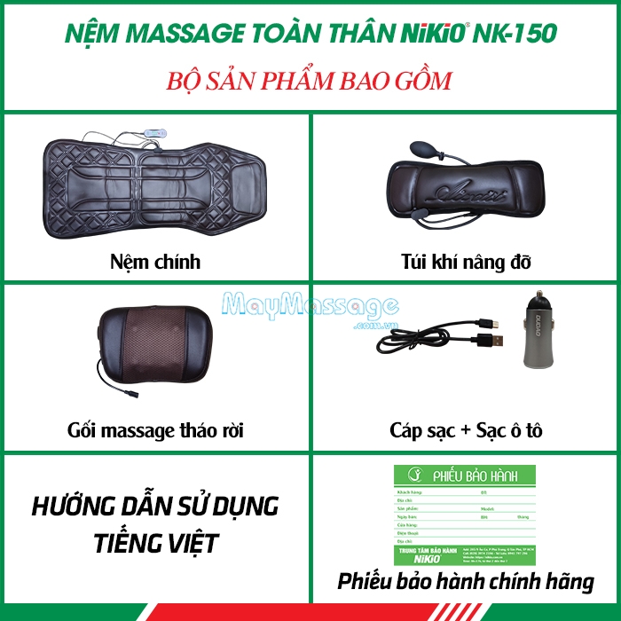 Bộ sản phẩm bao gồm của nệm massage toàn thân Nikio NK-150