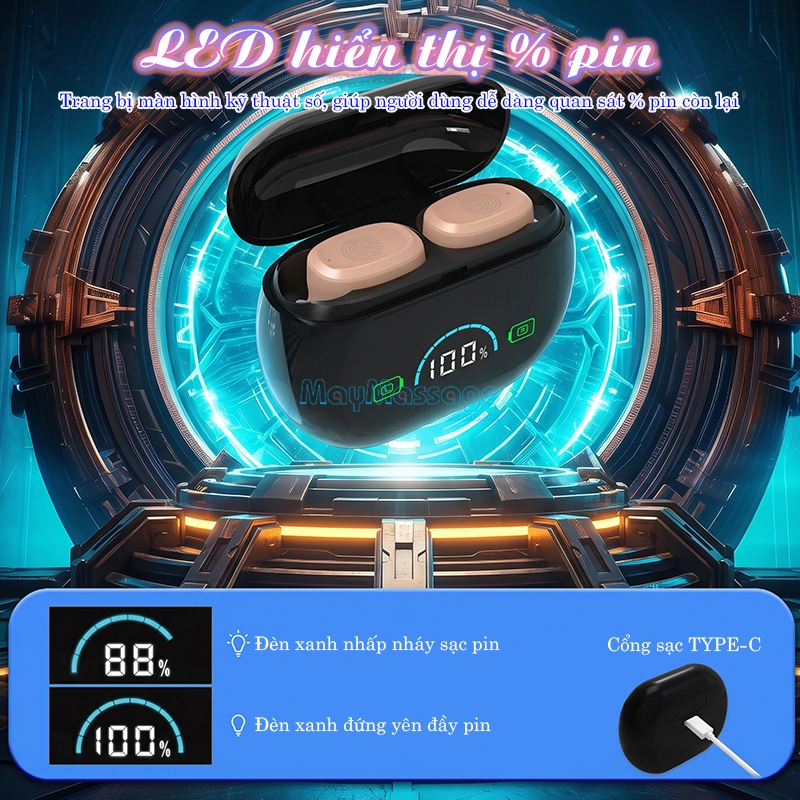 Tai nghe trợ th&iacute;nh kh&ocirc;ng d&acirc;y bộ LED hiển thị % pin FUNMIC EN-IA006A