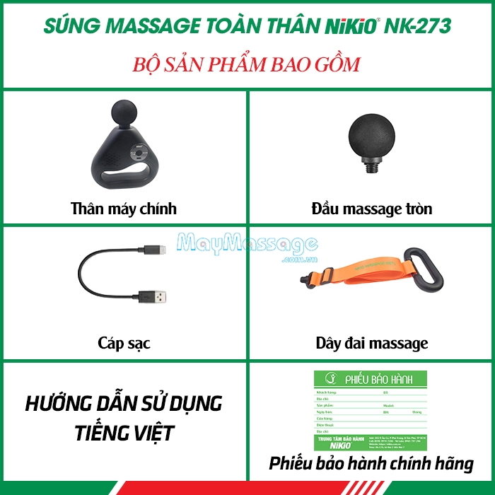 Bộ sản phẩm súng massage dây đai giãn cơ toàn thân Nikio NK-273