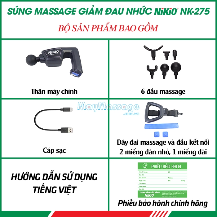 Bộ sản phẩm súng massage dây đai giảm đau nhức mỏi và giãn cơ toàn thân Nikio NK-275