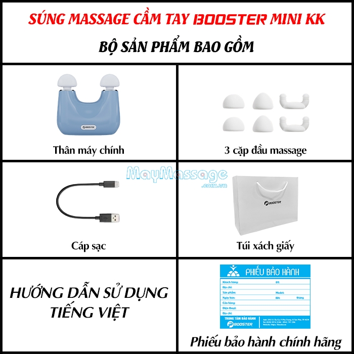 Bộ sản phẩm gồm có của súng massage cầm tay Booster Mini KK