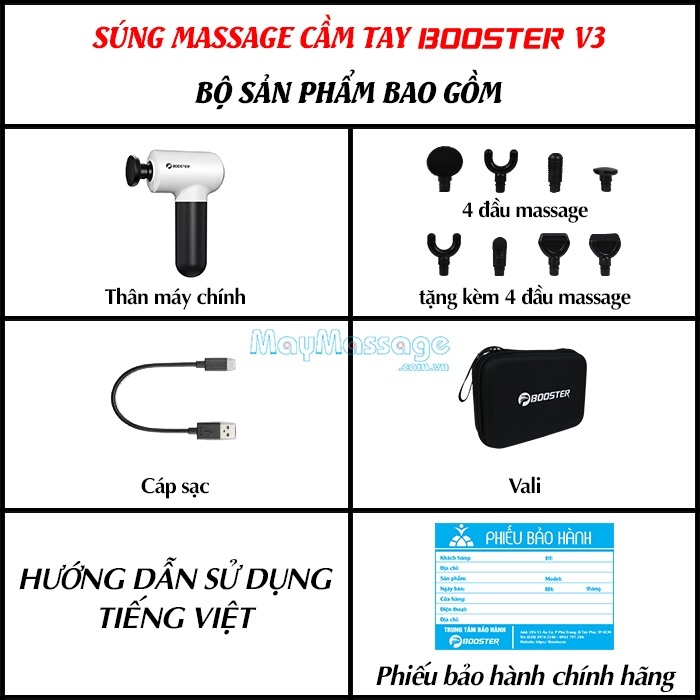 Súng massage cầm tay bộ sản phẩm gồm có Booster Mini V3